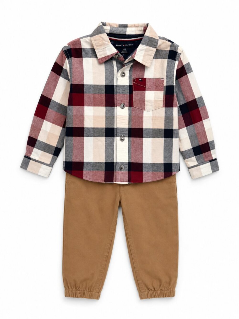 NWT Tommy Hilfiger Toddler Boys 2-Piece Outfit Size 24 Months Plaid Shirt & Tan